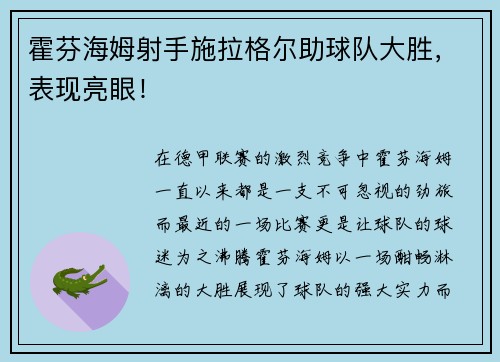霍芬海姆射手施拉格尔助球队大胜，表现亮眼！
